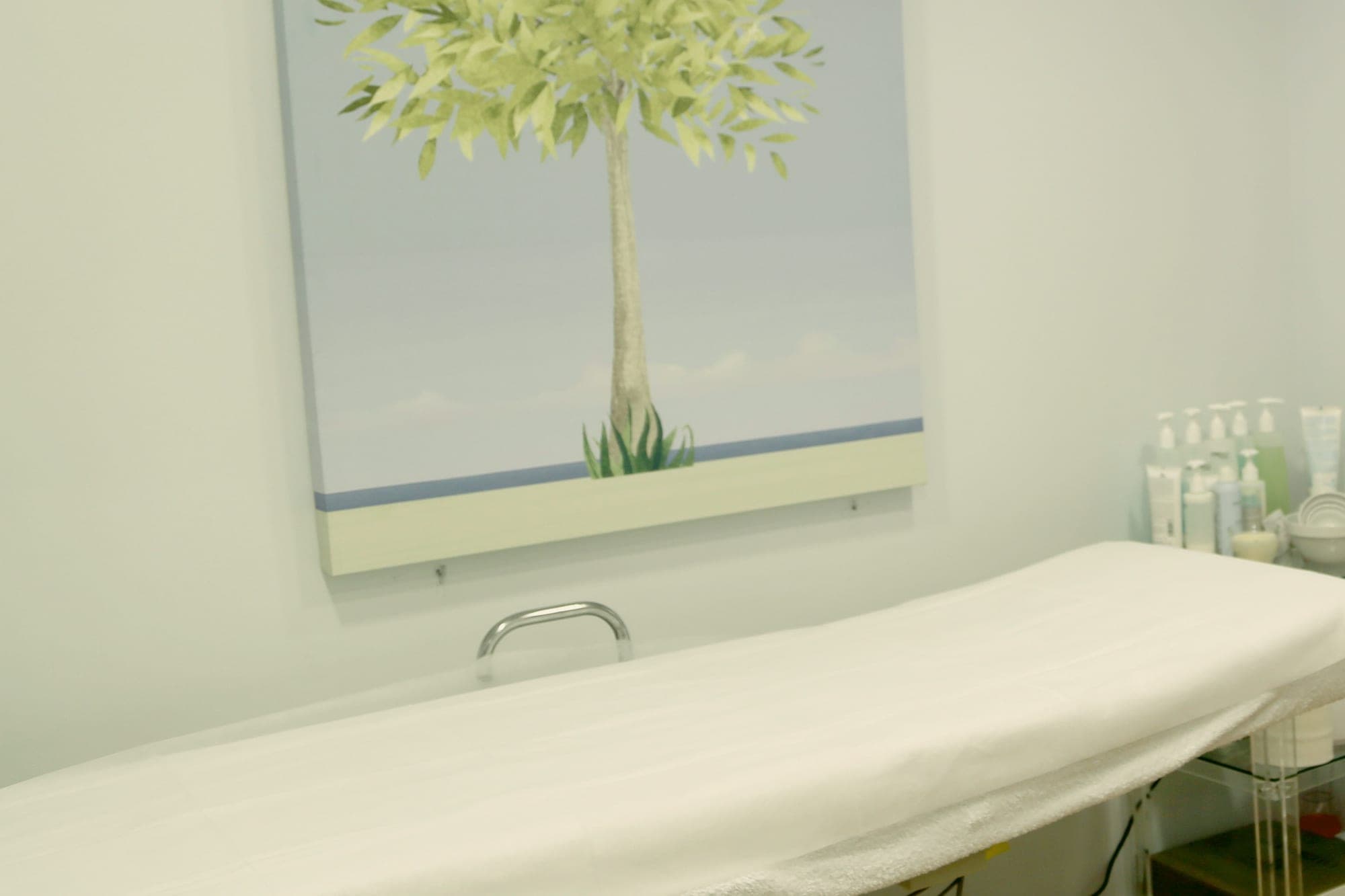 A calm, clean exam room with a covered treatment couch